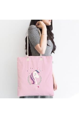 RealHomes Çocuk Çantası - Pembe Zeminli Magic Unicorn Tasarımlı Kumaş Çanta, Canta-4332p