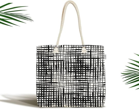 RealHomes Siyah Beyaz Damalı Modern Fermuarlı Kumaş Çanta, Canta-5767