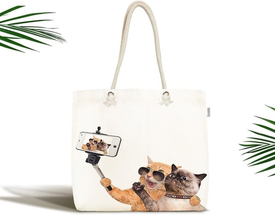 RealHomes Unisex Ekru Selfie Çekinen Köpekli Kedi Modern Fermuarlı Plaj Çantası, Canta-5634