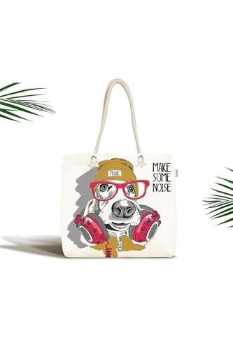 RealHomes Unisex Make Some Noise Köpek Baskılı Modern Fermuarlı Plaj Çantası, Canta-5658