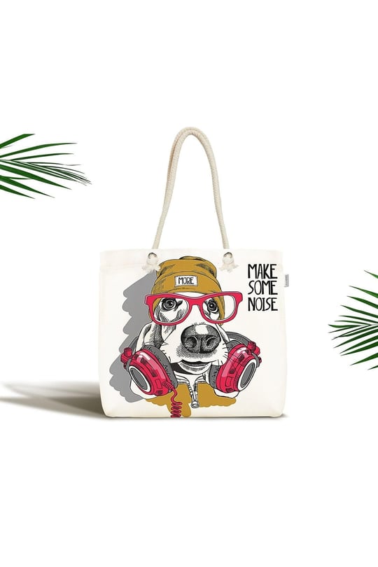 RealHomes Unisex Make Some Noise Köpek Baskılı Modern Fermuarlı Plaj Çantası, Canta-5658