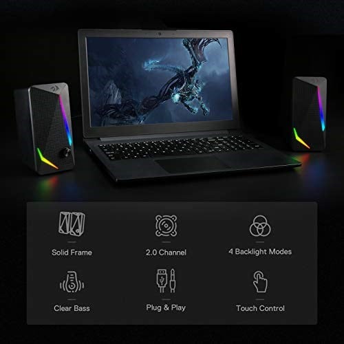 Redragon GS510 Waltz RGB masaüstü hoparlörler, LED arka aydınlatmalı 2.0 kanallı PC stereo hoparlörler, gelişmiş bas ve kolayca erişilebilen ses kontrolü, USB ve 3,5 mm kablo ile