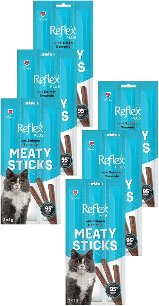 Reflex Plus Meaty Sticks Somonlu Kedi Ödül Çubuğu, 3x5gr, Altılı Paket
