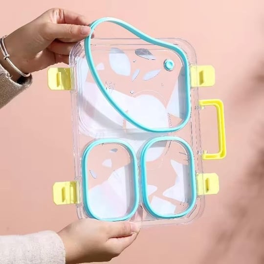 Renkli Kedi Desenli Beslenme Kutusu - 700 ml 3 Bölmeli Taşıma Kulplu Çocuk Beslenme Kabı PP (Pembe)