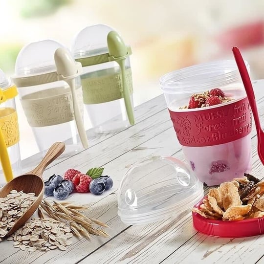 Renkli Take and Go Kaşıklı Hazneli Meyveli Yoğurt Kabı Piknik Iş Atıştırmalık Diyet Müsli Granola Süt Bardağı (Beyaz)