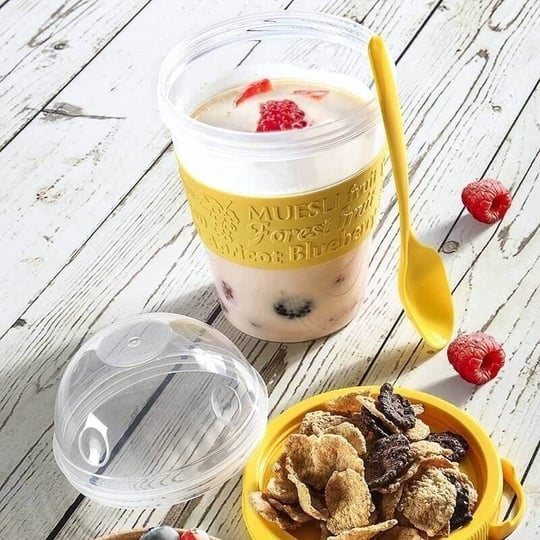 Renkli Take and Go Kaşıklı Hazneli Meyveli Yoğurt Kabı Piknik Iş Atıştırmalık Diyet Müsli Granola Süt Bardağı (Beyaz)