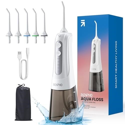 RENPHO Akülü Diş Duşu, 300ML Taşınabilir Suya Dayanıklı USB Şarj Edilebilir Dental Oral Irrigator, DIY ile 4 Mod, 5 Jet Uç, Su Diş Seçtikleri Ev Seyahati için Diş Temizleyici
