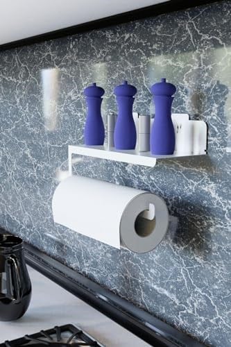Risingmaber Ultra Güçlü Yapışkanlı Beyaz Metal Baharatlık Raflı Havluluk, Kağıt Havlu Tutucu MT94B