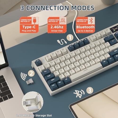 RK86 Kablosuz Mekanik Klavye, Gaming Klavye Conta Montajlı, 3 Mod (2.4Ghz/Bluetooth/Type C) Apex Pro TKL RGB 75% Oyuncu Klavyesi, TFT Renkli Ekran, Topuz, Hot Swappable Doğrusal Anahtar