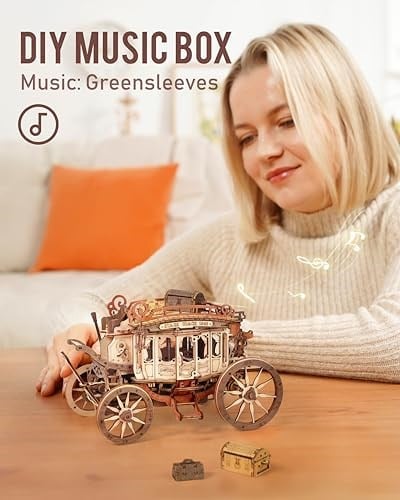 ROKR Yetişkinler için 3D Ahşap Model Kitleri Mekanik Müzik Kutusu Posta Arabası Modeli Yapı Kitleri Ahşap Yapboz Çocuklar ve Yetişkinler için Doğum Günü Hediyeleri, Posta Arabası AMKA1