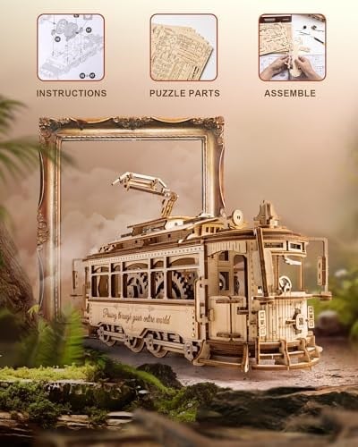 ROKR Yetişkinler için 3D Ahşap Model Kitleri 3D Bulmaca Araba Modeli Kitleri Abd Çocuklar Mekanik Dişli, Klasik Şehir Tramvay LK801