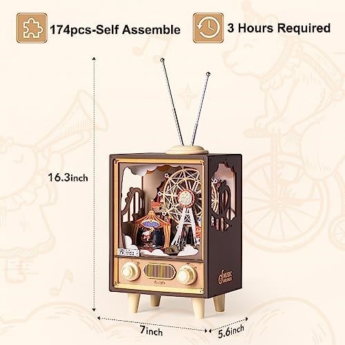 Rolife 3D Ahşap Yapbozlar Müzik Kutusu Gün Batımı Karnaval Sahne Minyatür TV Retro Model Kitleri Yetişkinler için Yapım Gece Işıkları LED Eklenti 174 adet (AMT01)