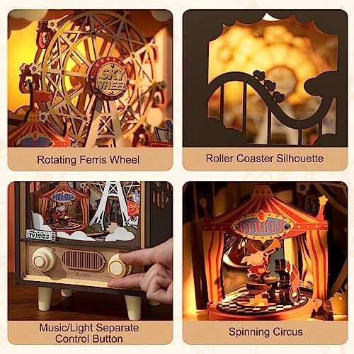 Rolife 3D Ahşap Yapbozlar Müzik Kutusu Gün Batımı Karnaval Sahne Minyatür TV Retro Model Kitleri Yetişkinler için Yapım Gece Işıkları LED Eklenti 174 adet (AMT01)
