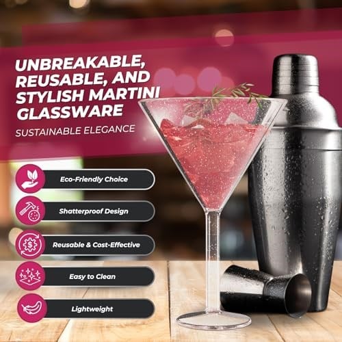Rose Gold Glitter Plastik Martini Bardakları (4lü Set), 269 ml, Kırılmaz Tekrar Kullanılabilir, Kokteyl Bardağı - Partiler, Havuz Kenarı, Karavan, Kamp, Tatil, Eğlence için İdeal