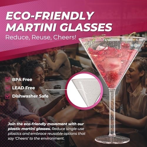Rose Gold Glitter Plastik Martini Bardakları (4lü Set), 269 ml, Kırılmaz Tekrar Kullanılabilir, Kokteyl Bardağı - Partiler, Havuz Kenarı, Karavan, Kamp, Tatil, Eğlence için İdeal