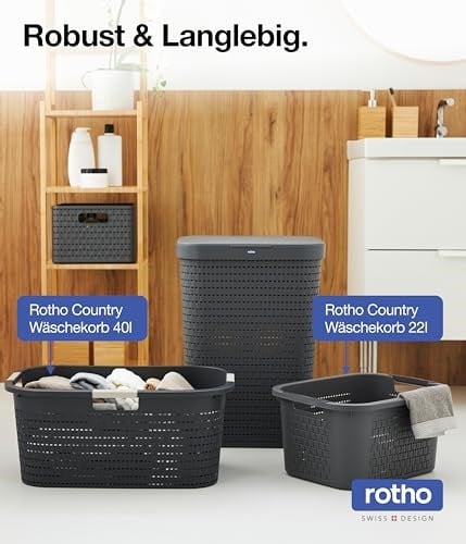 Rotho Country çamaşır sepeti 40 l, plastik (PP) BPA içermez, antrasit, 40 l (58,0 x 38,9 x 25,1 cm)