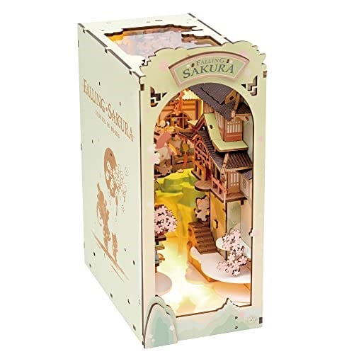 Rowood Yetişkinler için Kitap Köşesi Kitleri, 3D Ahşap Yapboz Kitaplık, Kitaplık Dekor Ekleme Sokağı, Yetişkinler için DIY Minyatür Booknook Modeli El Sanatları Kitleri, Doğum Günü Noelinde LEDli