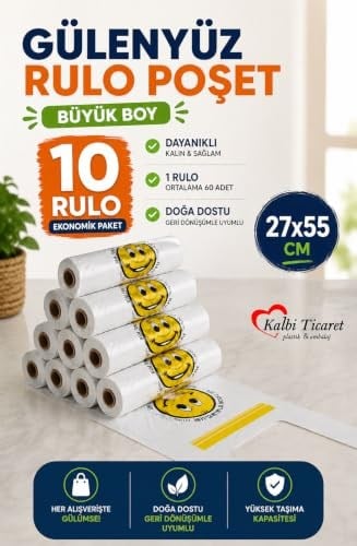 Rulo Poşet Büyük Boy 10 Rulo Gülenyüz Baskılı Poşet Hışır Atlet Poşet Market Manav Poşeti