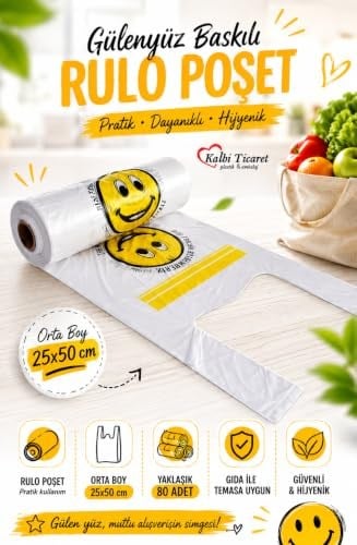 Rulo Poşet Orta Boy Gülenyüz Baskılı Poşet Hışır Atlet Poşet Market Manav Poşeti Beyaz Poşet