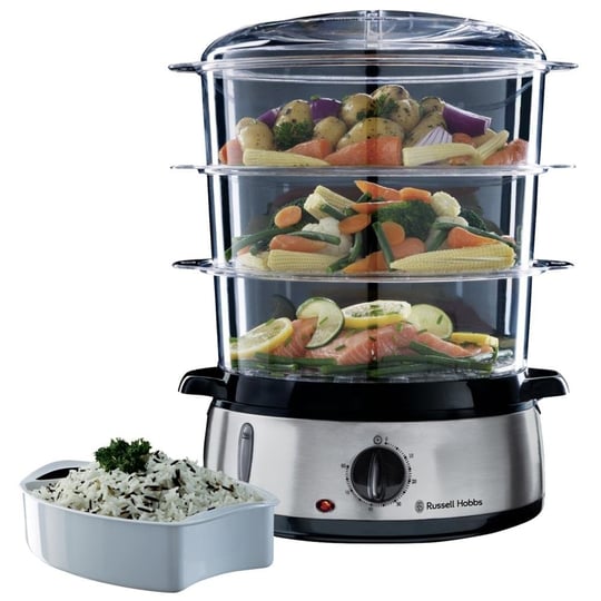 Russell Hobbs 19270-56 Buharlı Pişirici, 9 L, 800 Watt, 60 Dakika Zamanlayıcı, Bulaşık Makinesinde Yıkanabilir, BPA İçermez, Pirinç/Yumurta kapları, Paslanmaz Çelik/Siyah
