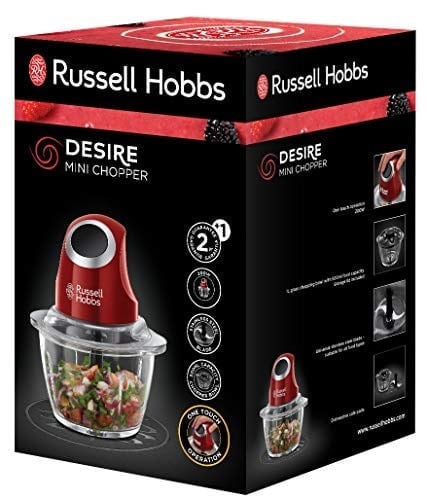 Russell Hobbs 24660-56 Mini Doğrayıcı Desire, Tek Elle Kontrol Düğmesi, Kapak Dahil 500 Ml Cam Kap, Sebze Doğrayıcı, Elektrikli Karıştırıcı, Sebzeler, Meyveler ve Etler İçin, Kırmızı