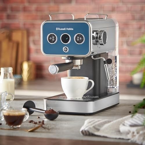 Russell Hobbs Espresso Makinesi Distinctions Paslanmaz Çelik Okyanus Mavisi (15 Bar, 1 ve 2 Bardak Takma, ESE Pedleri, Otomatik Dozajlama ve Man.Seçeneği, Sıcak Su ve Süt Köpüğü için Buhar Nozulu)