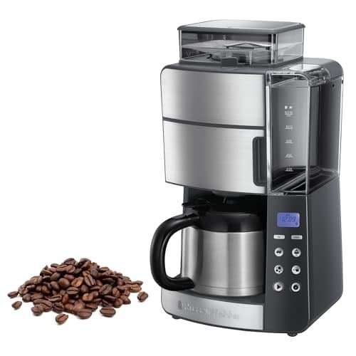 Russell Hobbs Öğütücülü kahve makinesi, termos, 10 fincan, dijital programlanabilir zamanlayıcı, 3 kademeli öğütme derecesi ayarı, 1000 W, filtre kahve çekirdekleri için Grind&Brew 25620-56