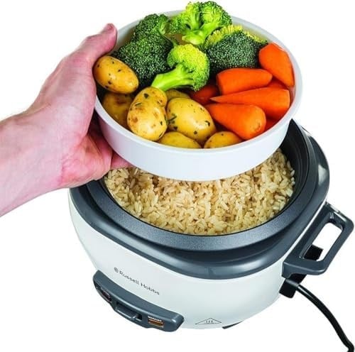 Russell Hobbs Orta Boy Pirinç Pişirici, Paslanmaz Çelik/Beyaz, Yapışmaz kaplama, bulaşık makinesinde yıkanabilir, 300 Watt) 27030-56, bir seferde 6 porsiyon (porsiyon başına 200 grama kadar)