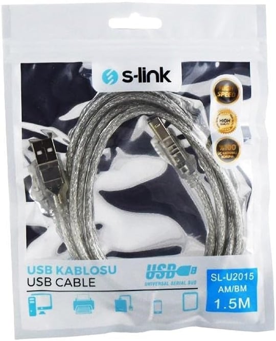 S-Link SL-U2015 Usb2.0 1.5m Şeffaf Yazıcı Kablosu, Şeffaf - Seçenekler: 1.5 Metre, 3 Metre, 5 Metre, 10 Metre