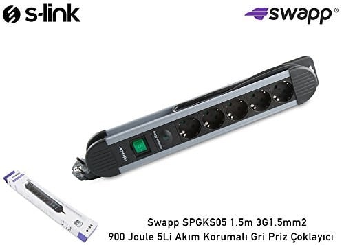 S-link SPGKS05 1.5m 3G1.5mm2 900 Joule 5Li Akım Kor. Gri Priz Çoklayıcı