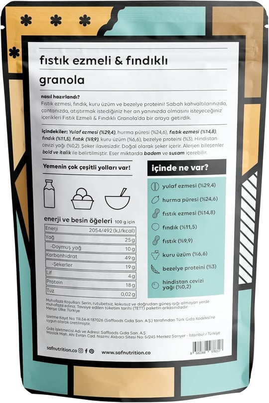 saf Granola Fıstık Ezmeli & Fındıklı