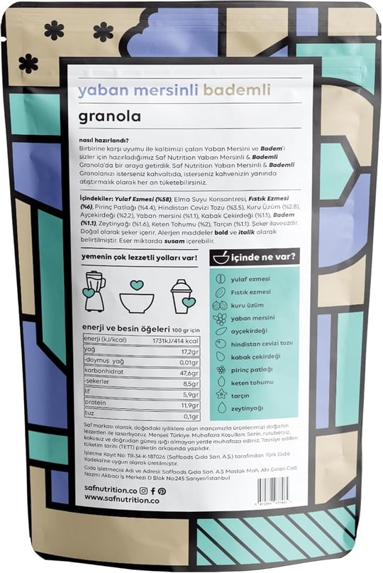 Saf Yaban Mersinli & Bademli Granola 360gr