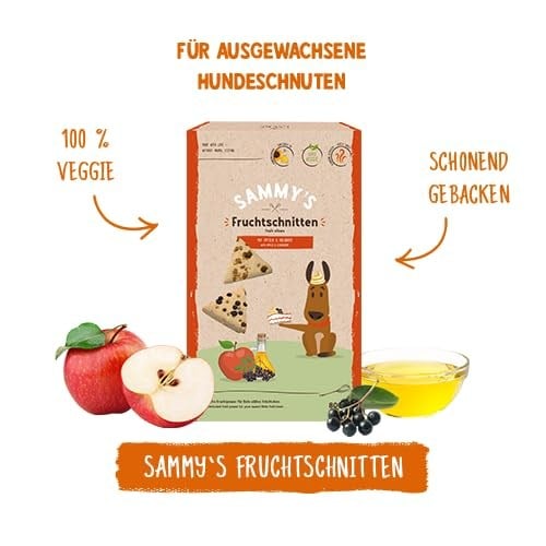 Sammy´s meyve kesimi, meyveli, pişmiş atıştırmalıklar, köpekler için, elma ve mürver ile, 1 x 800 g