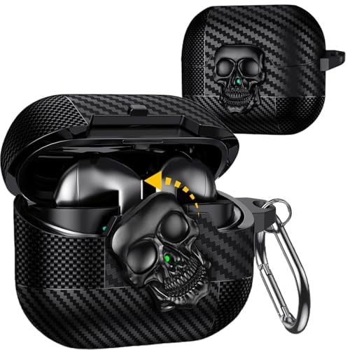 Samsung Galaxy Buds 3 FE/Buds 3 Pro/Buds 3 Kılıf Kapak Kafatası Kilitli ve Anahtarlıklı Erkekler için, Komik Karbon Fiber Darbeye Dayanıklı Sert Kabuk İskelet Kapak Galaxy Buds 3 Pro için