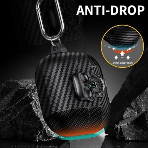 Samsung Galaxy Buds 3 FE/Buds 3 Pro/Buds 3 Kılıf Kapak Kafatası Kilitli ve Anahtarlıklı Erkekler için, Komik Karbon Fiber Darbeye Dayanıklı Sert Kabuk İskelet Kapak Galaxy Buds 3 Pro için