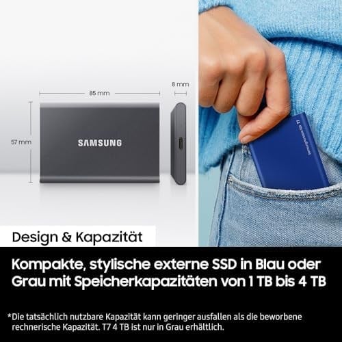 Samsung MU-PC1T0T/WW T7 1TB USB 3.2 Gen 2 Harici Katı Hal Sürücüsü, Gri