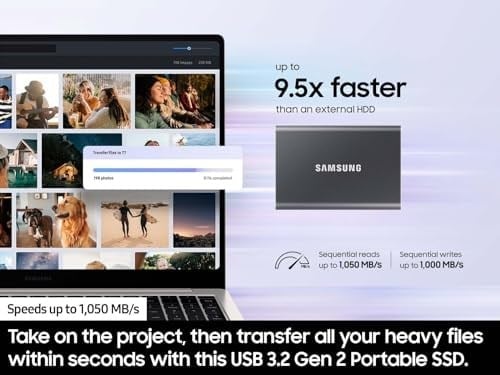 SAMSUNG T7 2TB, Taşınabilir SSD, Gri, 1050MB/sye kadar, USB 3.2 Gen2, Oyun, Öğrenciler ve Profesyoneller, Harici Katı Hal Sürücüsü (MU-PC2T0T/AM), Gri [Kanada Sürümü]