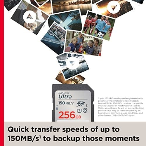 SanDisk 256 GB Ultra SDXC bellek kartı, 150 MB/sye kadar, A1 uygulama performansı, UHS-I, Class 10, U1