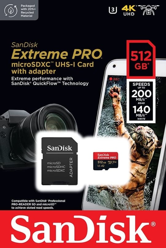 SanDisk 512 GB Extreme PRO microSDXC Kart + SD Adaptörü + RescuePRO Deluxe, 200 MB/snye kadar, A2 Uygulama Performansı, UHS-I, Sınıf 10, U3, V30 ile