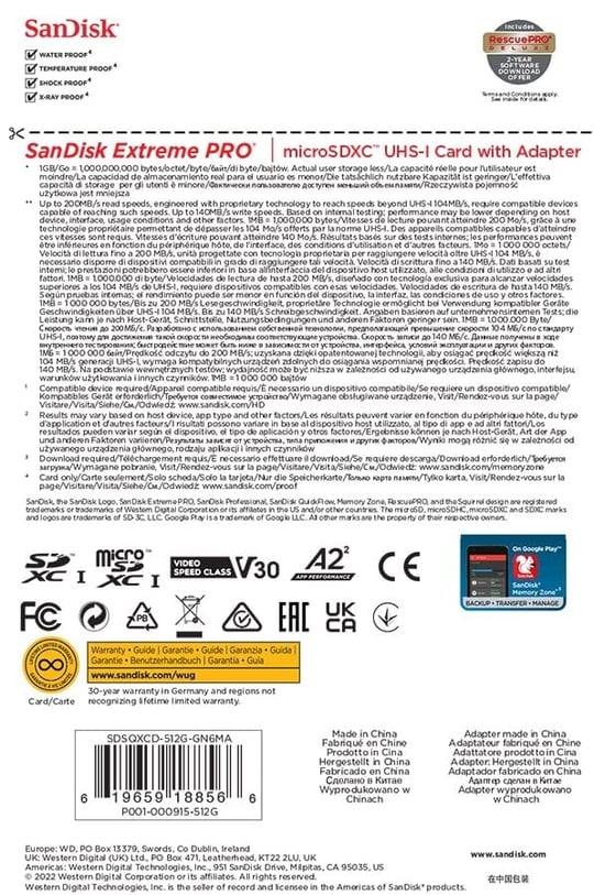 SanDisk 512 GB Extreme PRO microSDXC Kart + SD Adaptörü + RescuePRO Deluxe, 200 MB/snye kadar, A2 Uygulama Performansı, UHS-I, Sınıf 10, U3, V30 ile