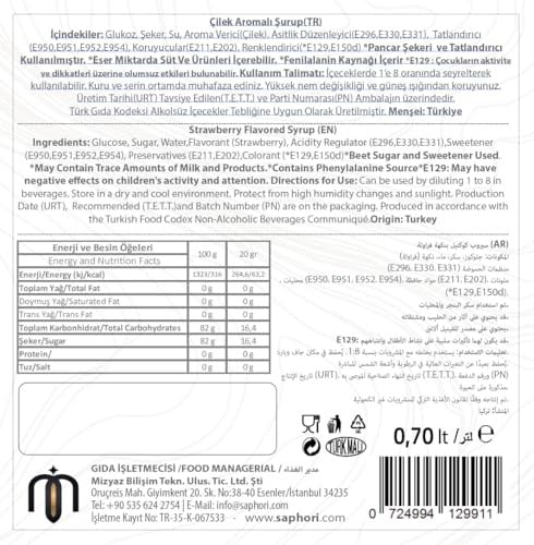Saphori Çilek Aromalı Kokteyl Şurubu, Çilek Şurubu, Kahve Şurubu 700 ML