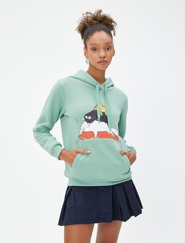 Şardonlu Kapüşonlu Sweatshirt Kedi Baskılı Kanguru Cepli