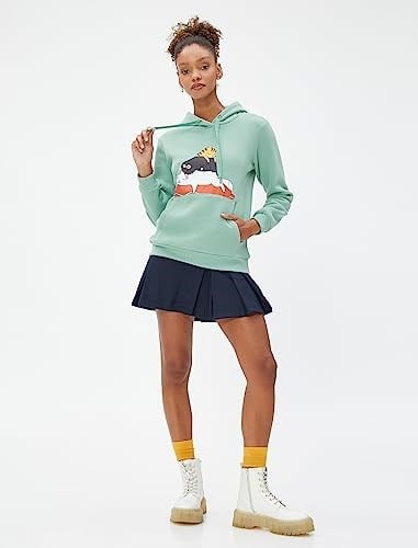 Şardonlu Kapüşonlu Sweatshirt Kedi Baskılı Kanguru Cepli