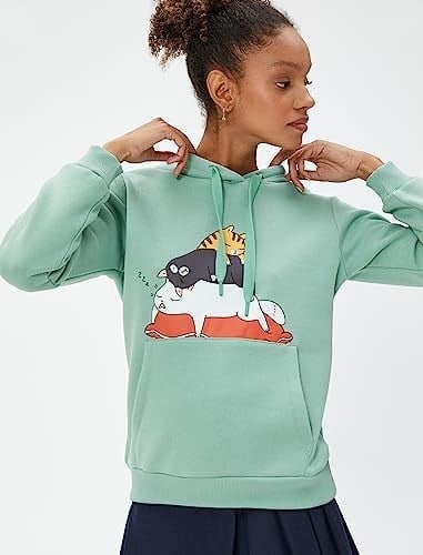 Şardonlu Kapüşonlu Sweatshirt Kedi Baskılı Kanguru Cepli