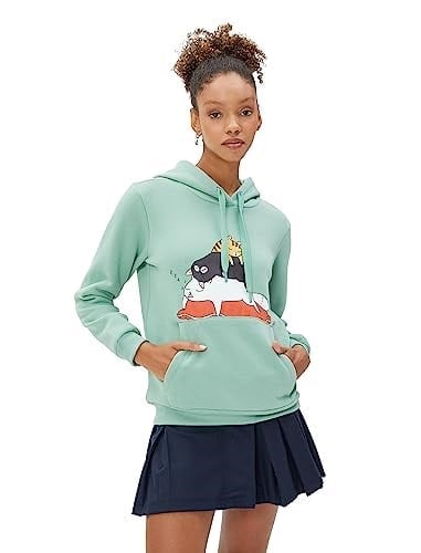 Şardonlu Kapüşonlu Sweatshirt Kedi Baskılı Kanguru Cepli