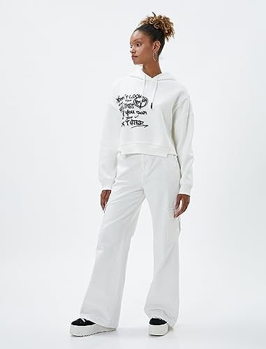 Şardonlu Kapüşonlu Sweatshirt Slogan Baskılı Asimetrik Kesim