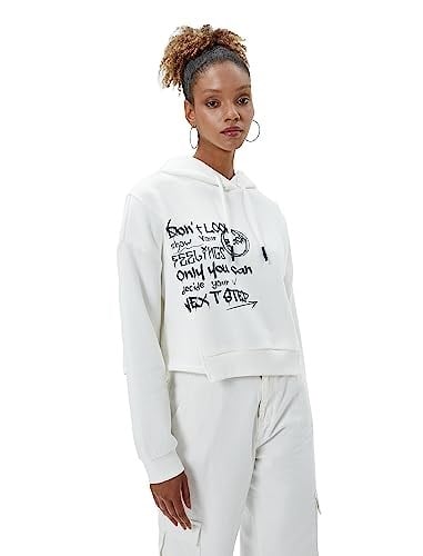 Şardonlu Kapüşonlu Sweatshirt Slogan Baskılı Asimetrik Kesim
