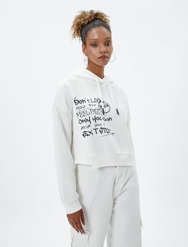 Şardonlu Kapüşonlu Sweatshirt Slogan Baskılı Asimetrik Kesim