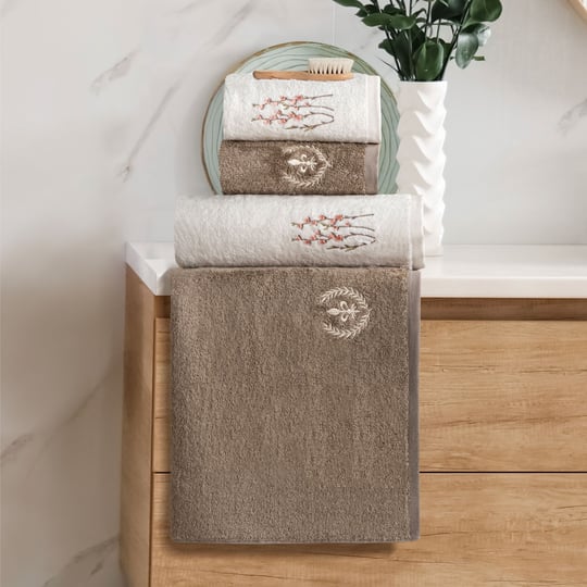 Schafer Home Diana Bambu Nakışlı Banyo Seti 6 Parça-Krem/Bej