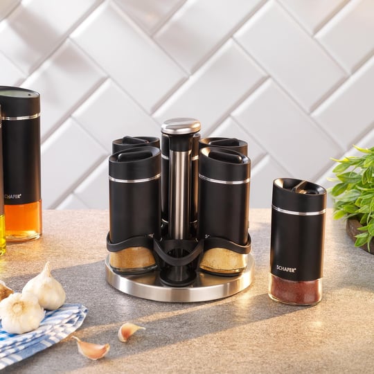 Schafer Silver Touch Döner Standlı Baharat Takımı 7 Parça-Siyah